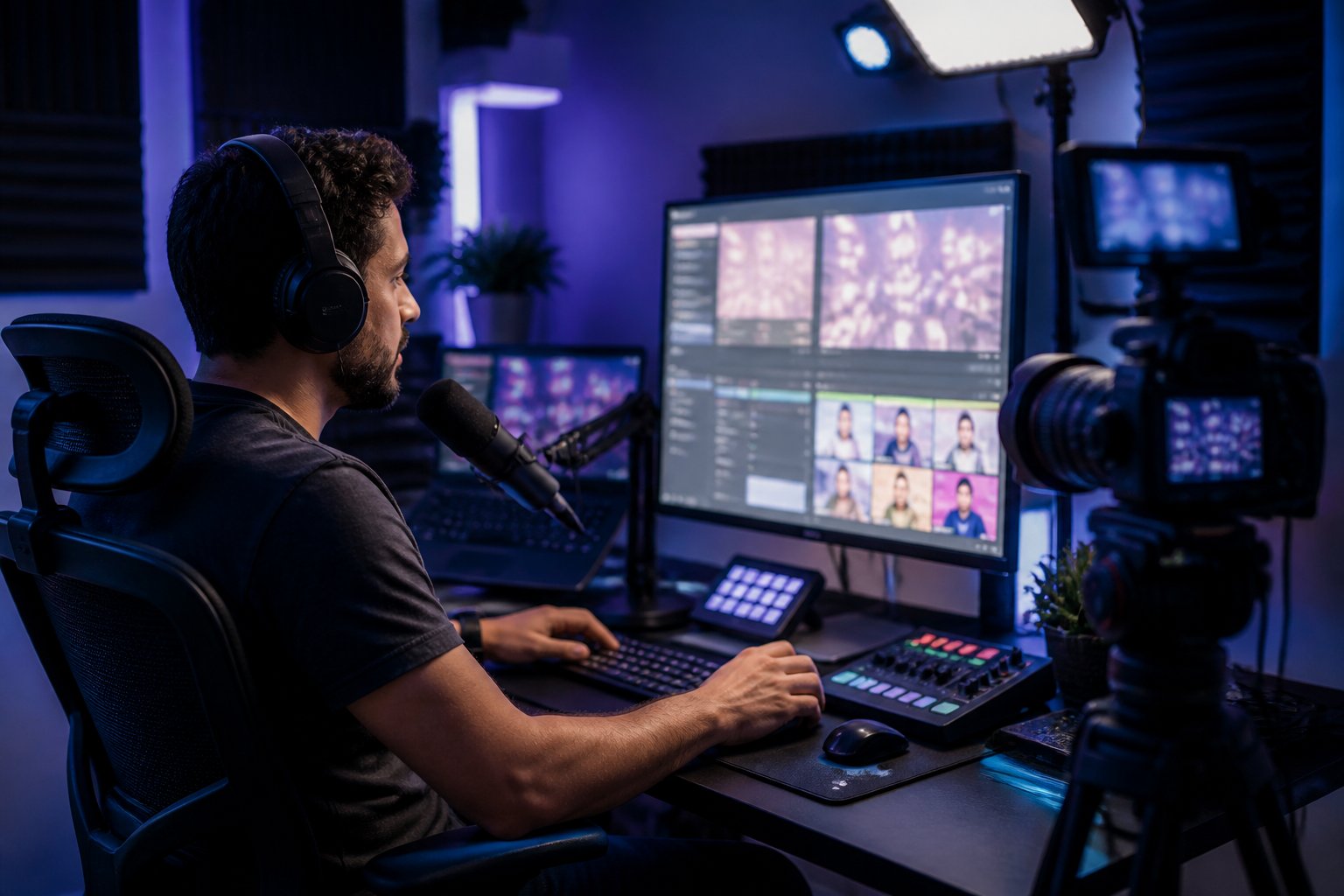 Pessoa produzindo uma transmissão ao vivo em um estúdio moderno diante de um computador e equipamentos de áudio e vídeo.