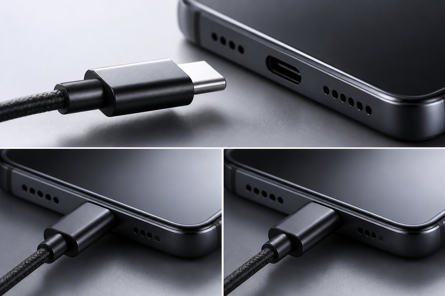 Cabo USB-C sendo conectado a um dispositivo, mostrando seu conector simétrico.