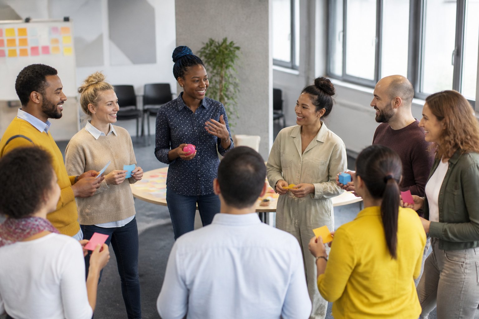 Grupo diverso de adultos participa de uma atividade interativa em uma sala de treinamento.