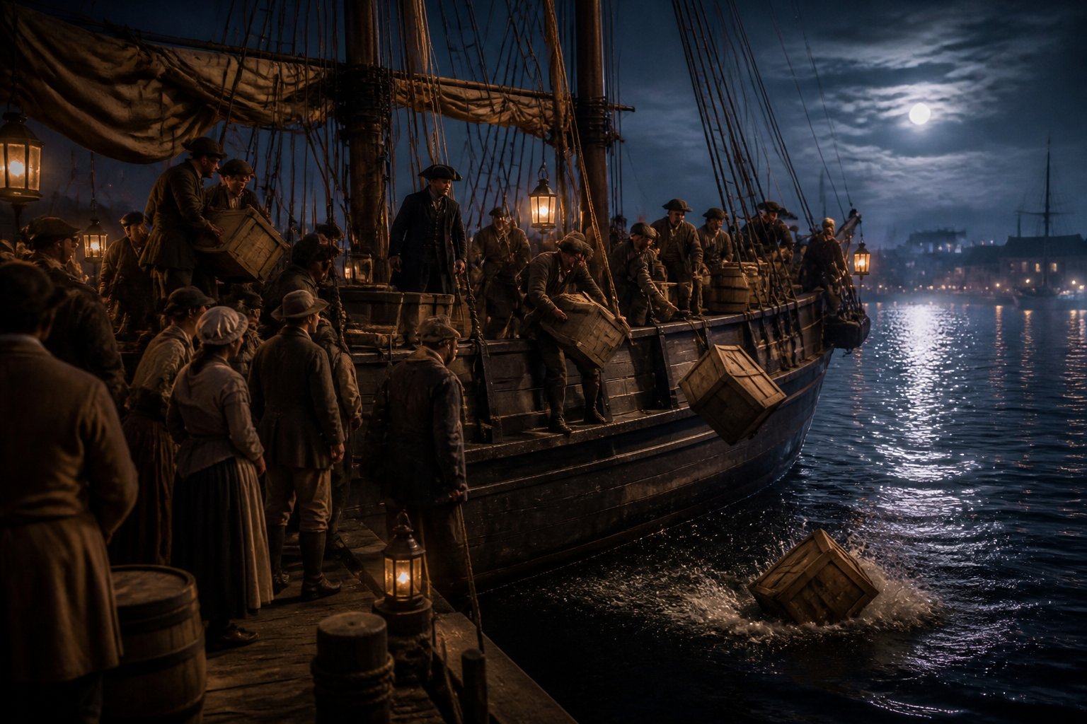 Colonos do século XVIII lançam caixas de chá de um navio ao porto de Boston durante a noite.