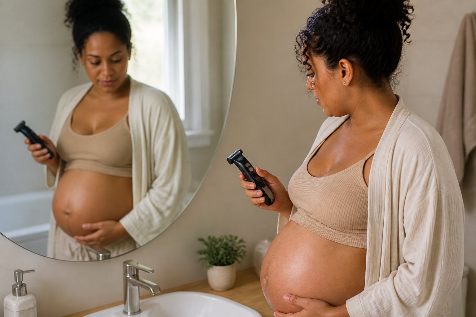 Mulher grávida observa a barriga no espelho enquanto segura um aparador elétrico.