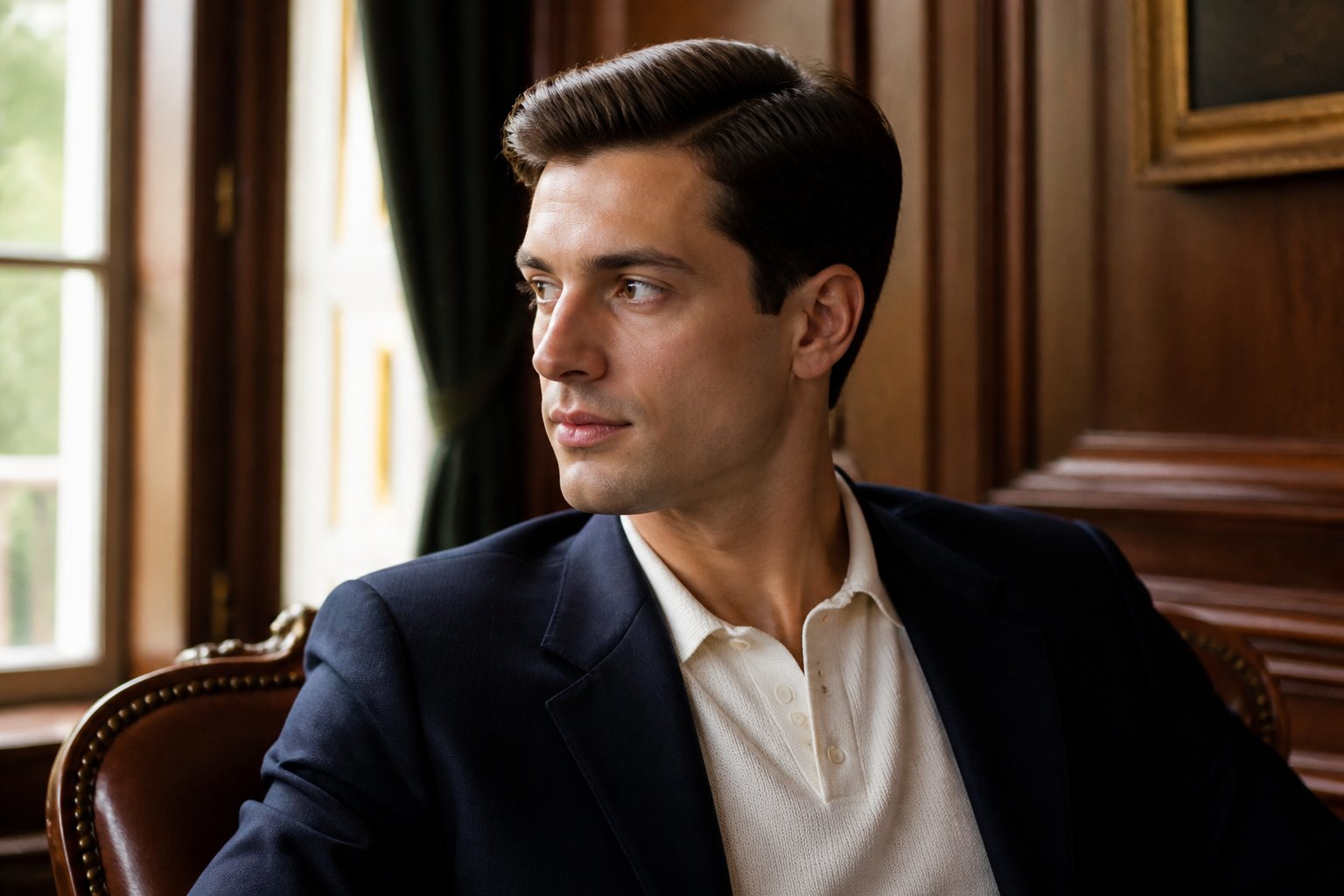 Jovem bem-arrumado com corte de cabelo clássico, usando blazer azul-marinho em um ambiente elegante.