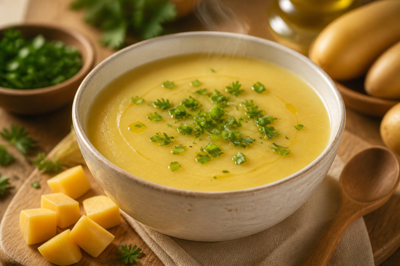 Tigela de caldo cremoso de mandioquinha decorado com ervas frescas sobre uma mesa de madeira.