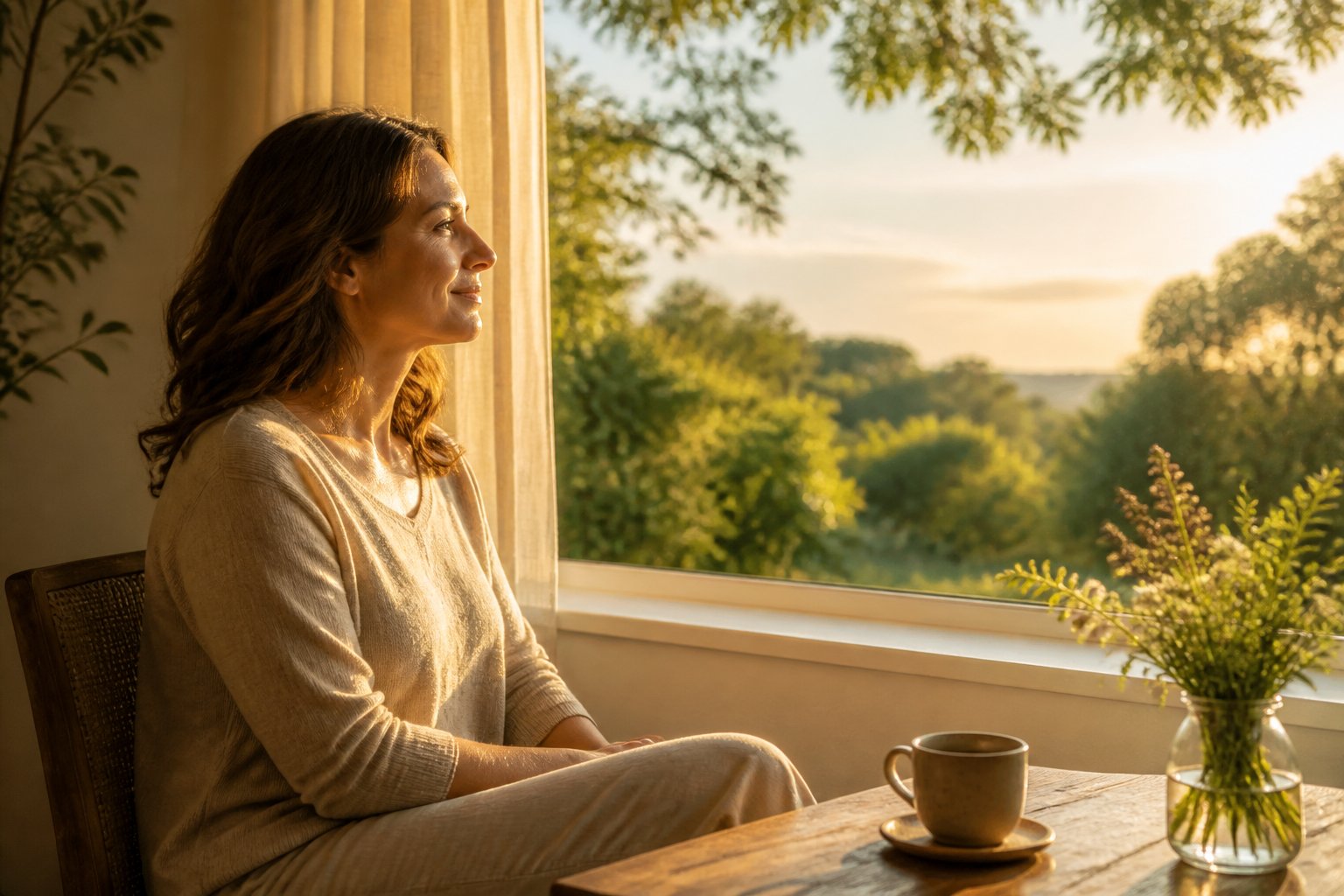 Pessoa sentada diante de uma janela, refletindo em um ambiente tranquilo com uma xícara de chá e flores.