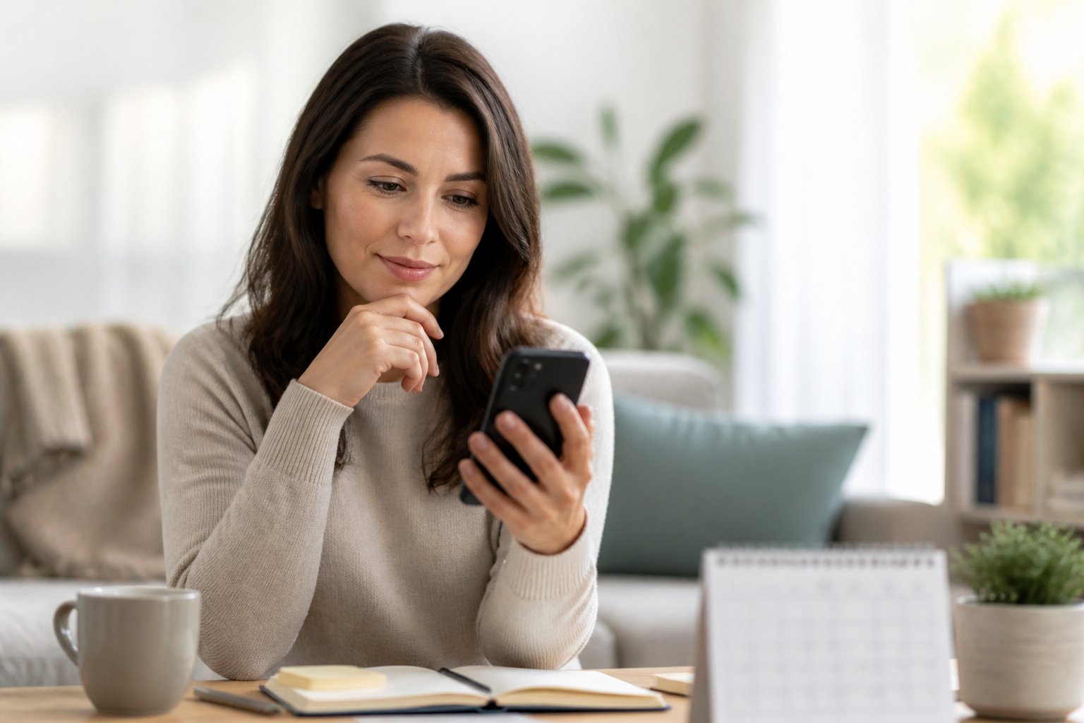 Uma mulher adulta observa atentamente um smartphone em uma sala iluminada.