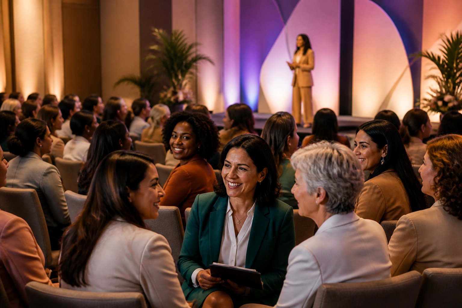 Mulheres diversas participam de um congresso em um auditório, reunidas com expressão de união, força e inspiração.