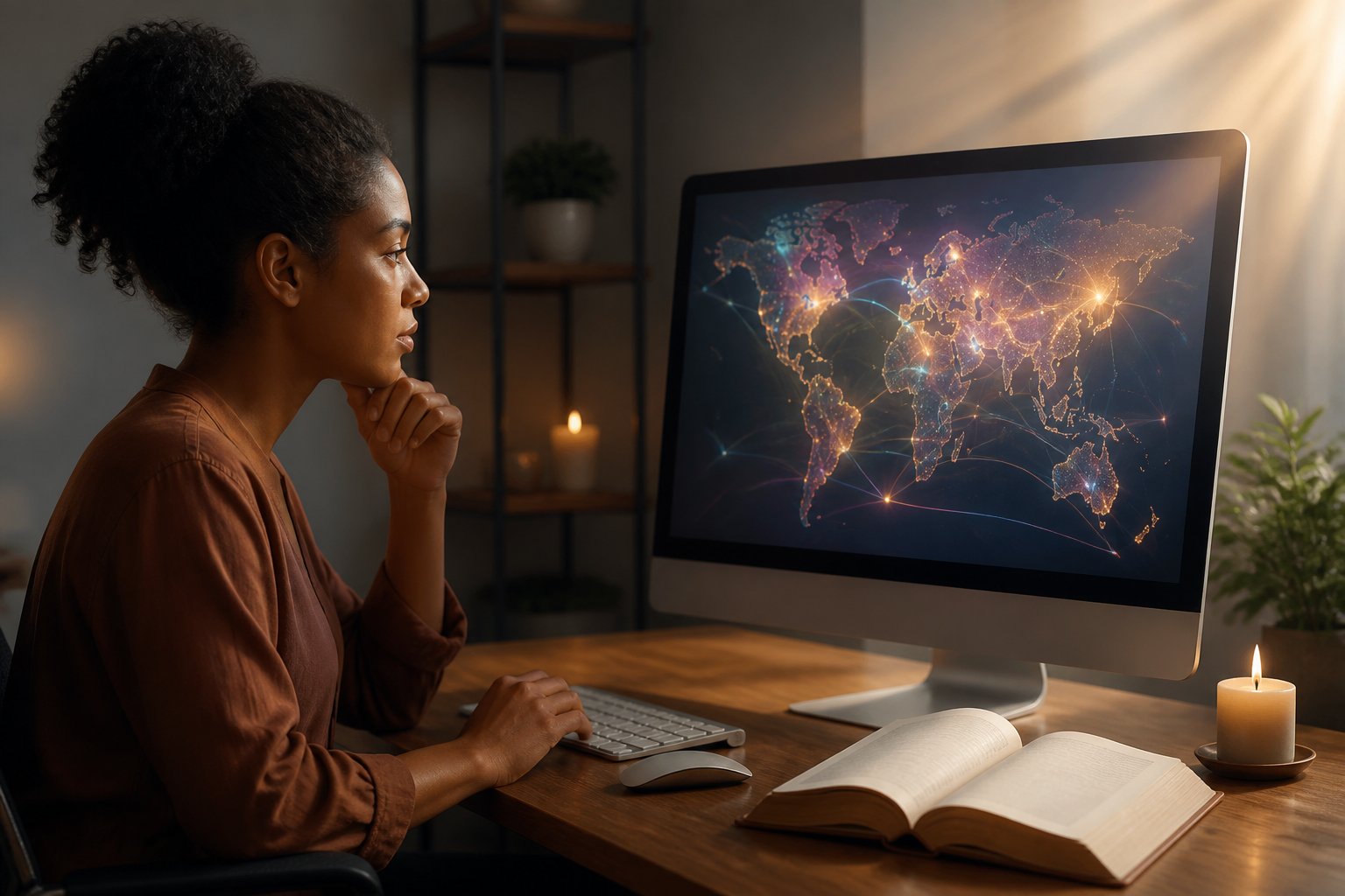 Pessoa diante de um computador com conexões luminosas de internet e símbolos sutis de reflexão espiritual.