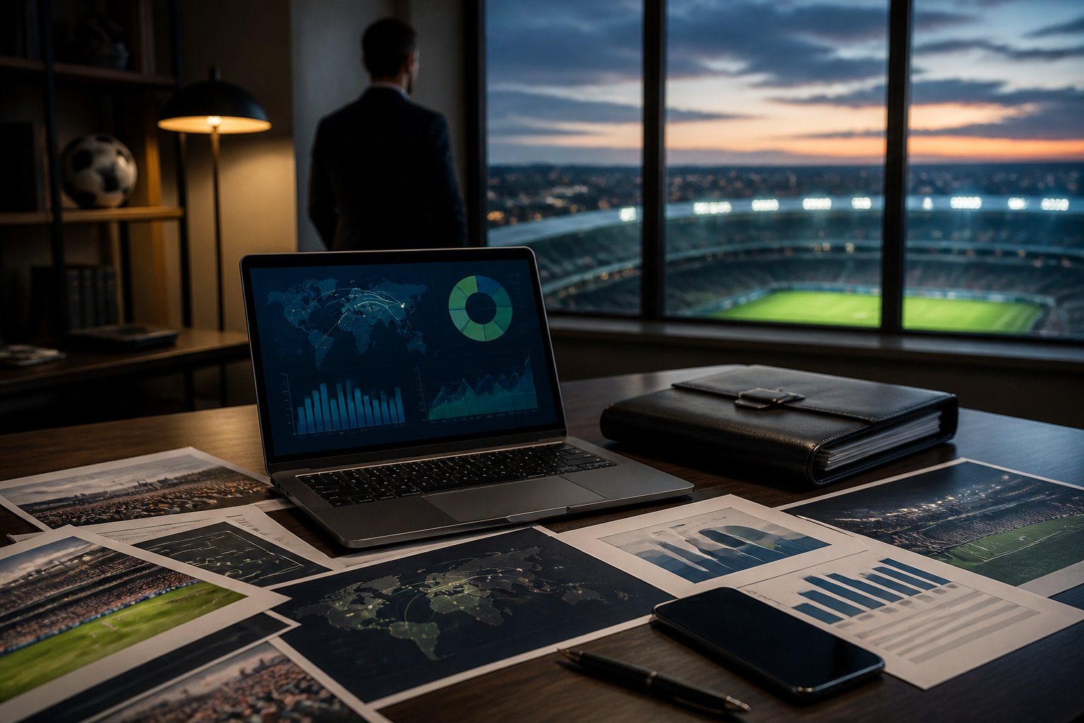 Mesa de trabalho com documentos, notebook e elementos relacionados ao futebol diante de um estádio ao entardecer.