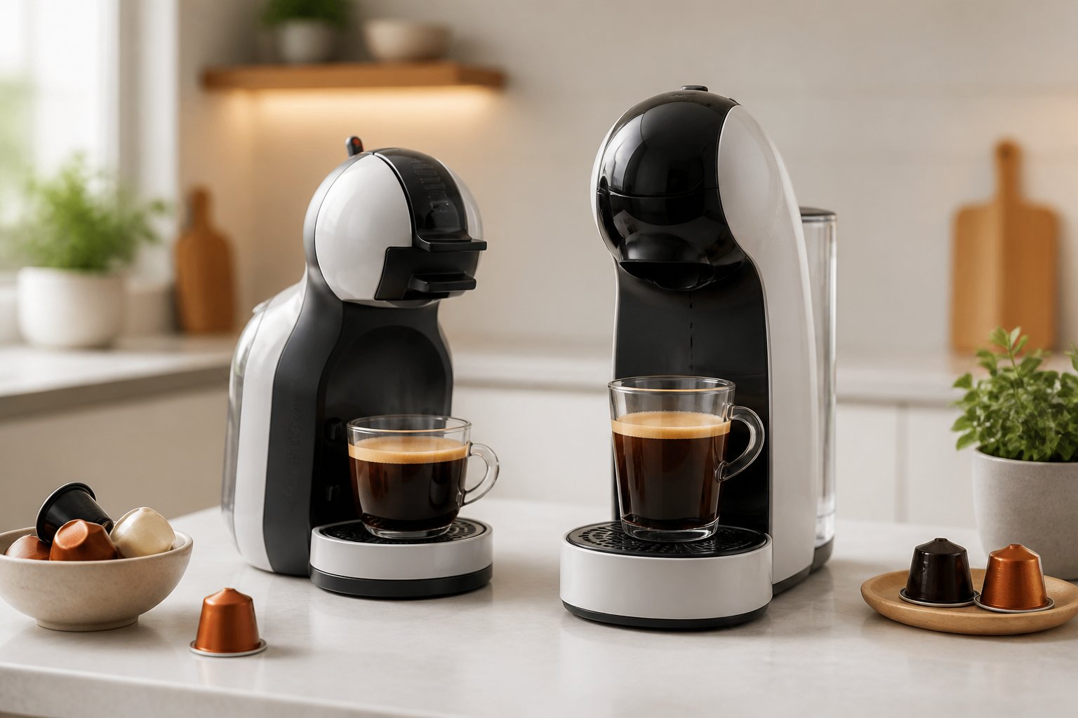 Duas cafeteiras de cápsulas, uma Mini Me e uma Genio, lado a lado em uma cozinha moderna, com xícaras e cápsulas de café.