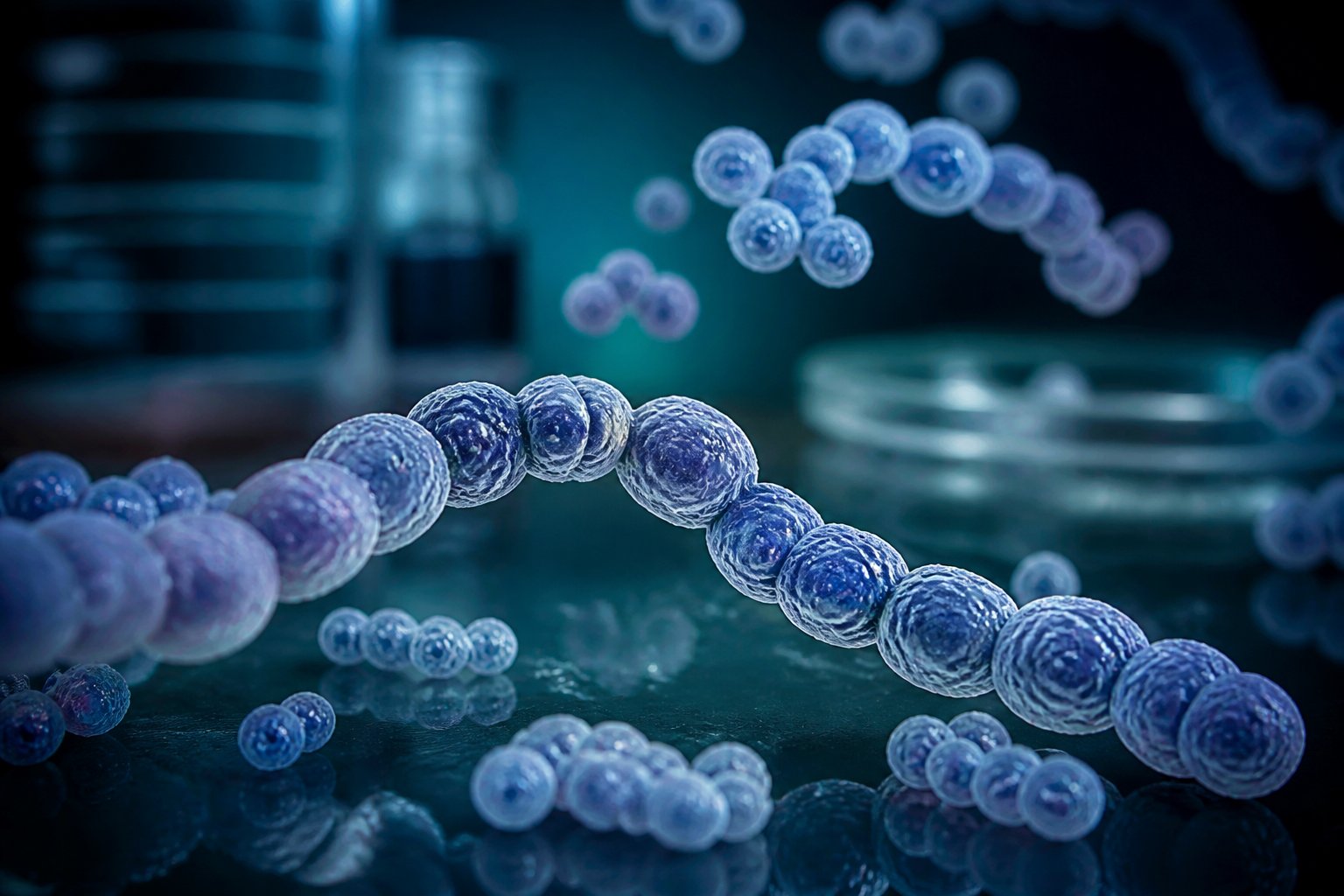 Imagem microscópica de bactérias Streptococcus dispostas em cadeias e agrupamentos.