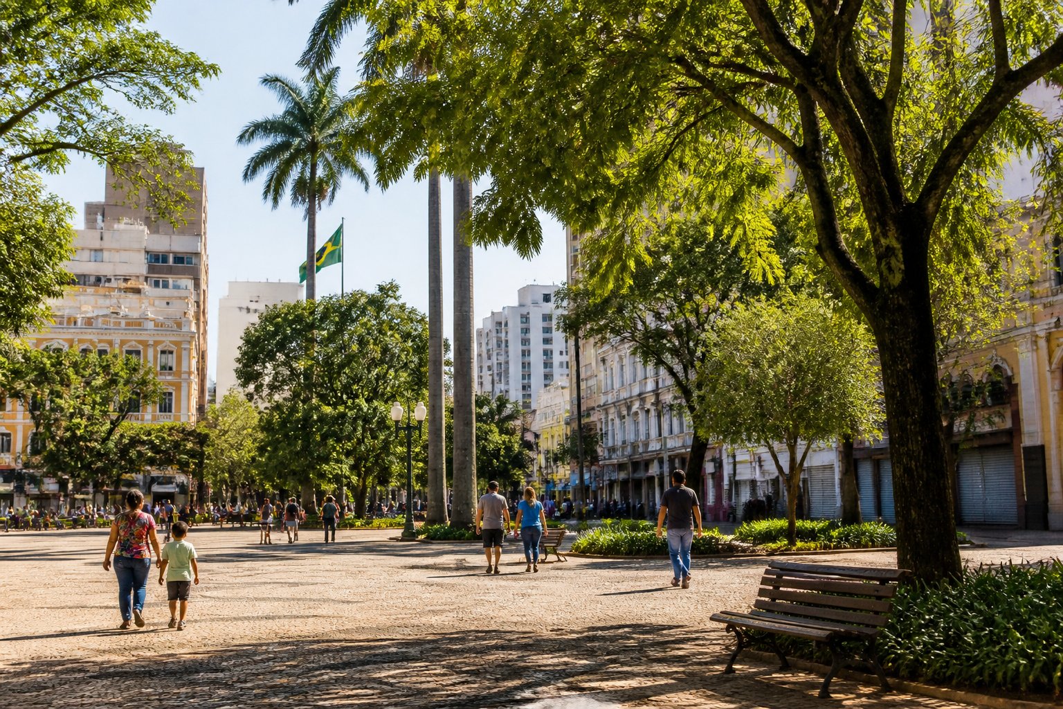 Praça arborizada em Campinas com pessoas caminhando tranquilamente em um dia ensolarado.