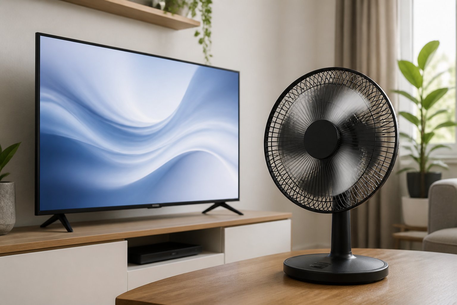 Ventilador elétrico e televisão ligados em uma sala de estar.